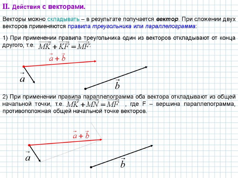 II. Действия с векторами. Векторы можно складывать – в результате получается вектор. При сложении